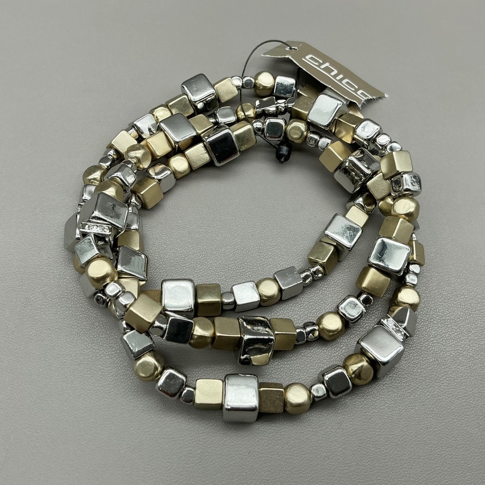 Chicos Bracelet Womens Gold Silver Mixed Metal Beaded Stretch Stack Jewelry